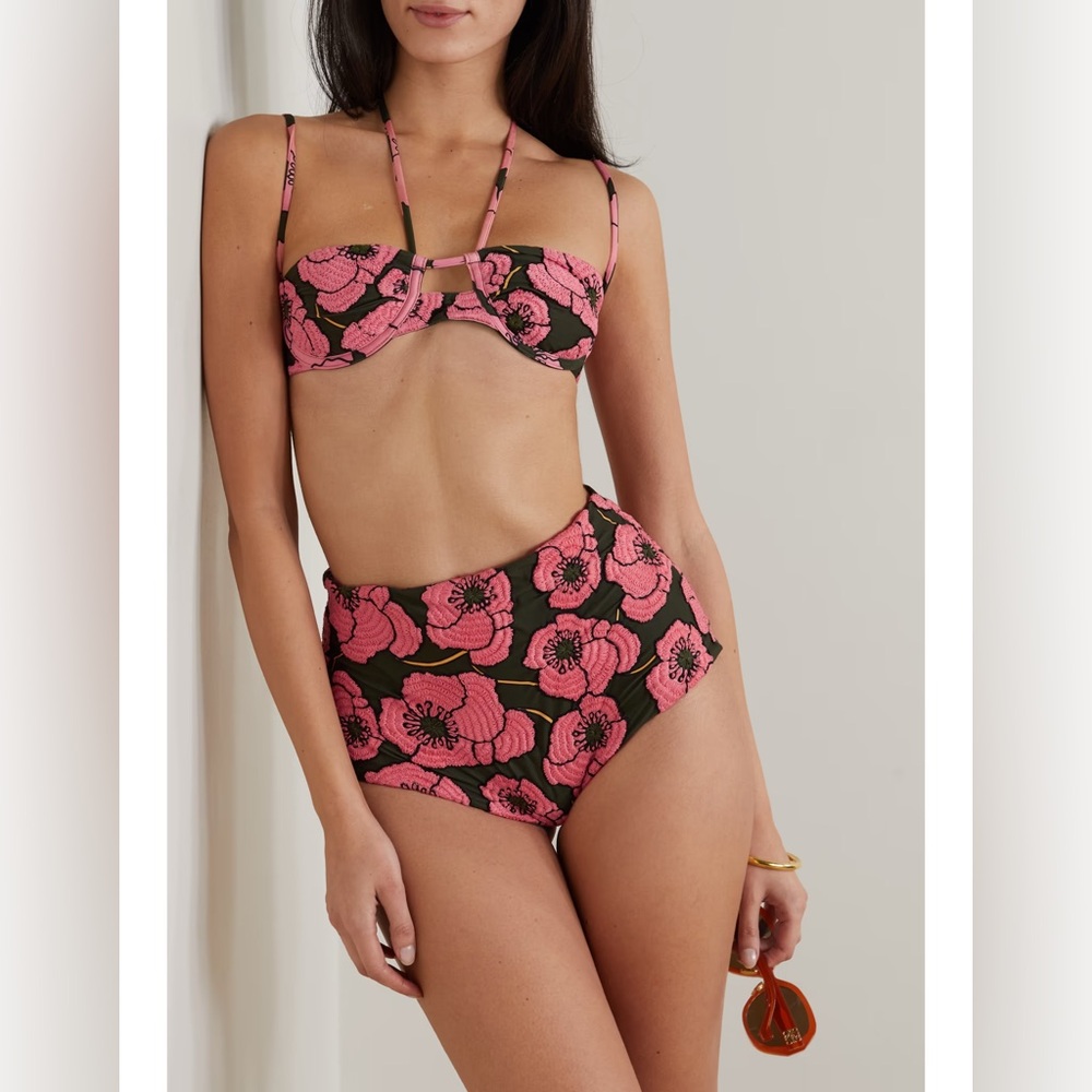 Agua by Agua Bendita Pink and Black Floral  Hand-Embroidered Bikini